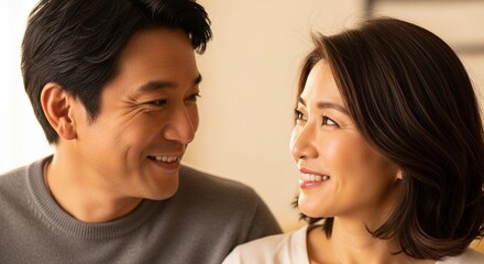 Fototapeta premium 見つめ合うミドルエイジの日本人夫婦：信頼と愛情を感じるリラックスした笑顔のポートレート