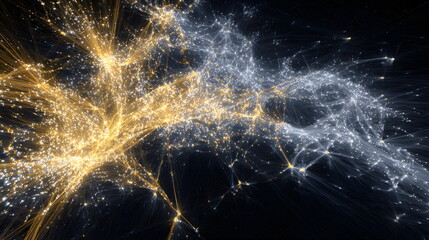 Abstract digital neural network background with glowing gold and white connections. Artificial intelligence and big data visualization concept.