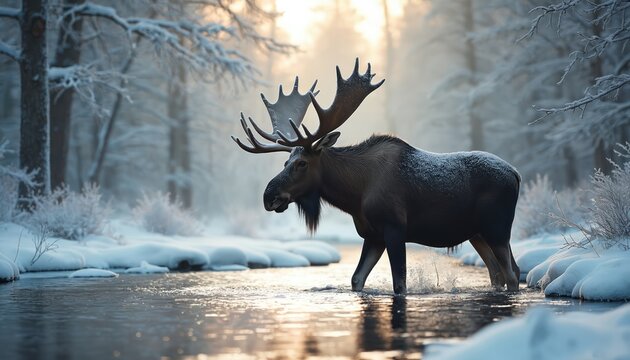 A majestic moose walks through a cold stream in a snow-covered forest. Its impressive antlers are covered in frost. The animal searches for food in the winter wilderness.