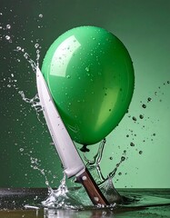 A green balloon is bursting with water splashing around after being pierced by a knife on a dark surface
