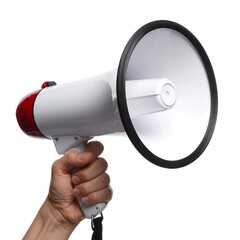 A person's hand holding a white and red megaphone with a black rim, isolated on a clean white background