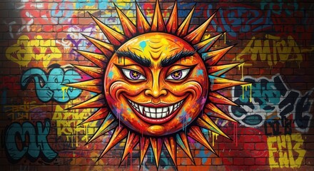 Obraz premium Vibrant and expressive celestial body illustration adorns a heavily graffitied brick wall surface