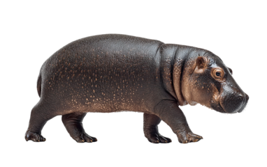 Pygmy hippo walking calmly showing compact body short legs and gentle wildlife character isolated on transparent background PNG