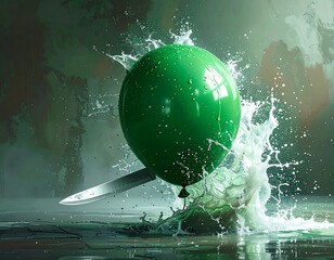A green balloon is pierced by a knife, causing a burst of water in an abstract, painterly setting