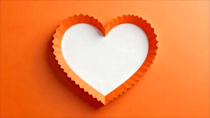 A vibrant white heart with a decorative orange ruffled edge on a bright orange background