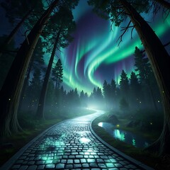 Cobblestone Path Through a Magical Forest Under the Northern Lights.