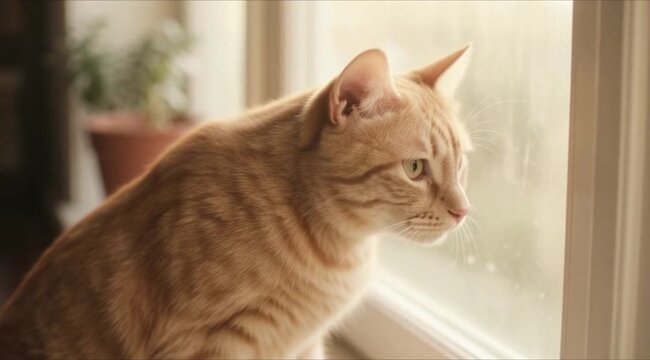 A beautiful young orange tabby kitten with white fur and long whiskers sits on a window sill looking out with bright eyes in this domestic feline portrait