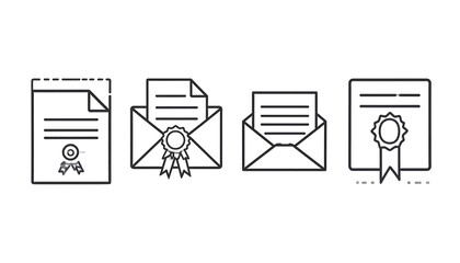 Line art icons depict documents, envelopes, and certificates, with seals and ribbons, in a minimalist style