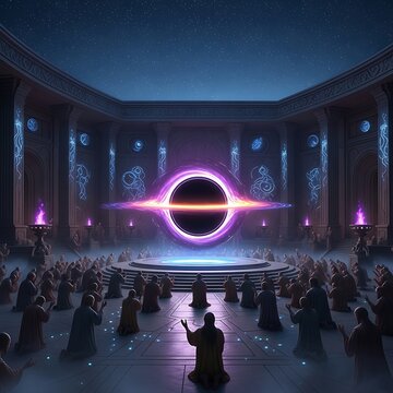 A congregation worships a cosmic black hole singularity in a grand temple.