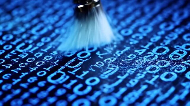 A close-up shows a brush dusting away powder from numbers on a dark blue surface
