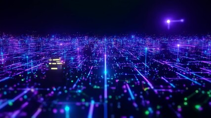 Abstract digital city glows with blue and purple lines, hinting at data pathways - Powered by Adobe