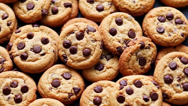 Close-up of freshly baked chocolate chip cookies, golden brown, scattered