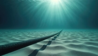 Submarine internet cable lies on sandy ocean floor. Sun rays pierce blue water illuminating the vast undersea network. Global communication and connectivity laid beneath the waves.