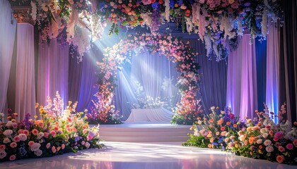 A luminous floral archway with soft lighting creates an elegant, celebratory atmosphere in a spacious hall
