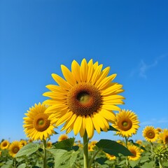Fototapeta premium “Vast Sunflower Field Under Clear Blue Sky – Endless Yellow Sunflowers Blooming in Summer Landscape, Bright Floral Agriculture Scene, Natural Countryside Background, Rural Farm Nature Photography”