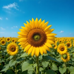 Obraz premium “Vast Sunflower Field Under Clear Blue Sky – Endless Yellow Sunflowers Blooming in Summer Landscape, Bright Floral Agriculture Scene, Natural Countryside Background, Rural Farm Nature Photography”