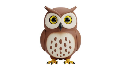 Fototapeta premium Cute cartoon owl with big eyes and brown feathers on transparent background
