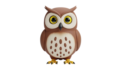 Cute cartoon owl with big eyes and brown feathers on transparent background