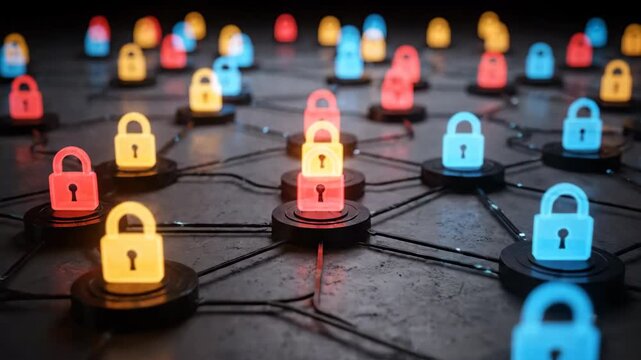 Abstract composition featuring connected locks glowing in red, yellow and blue on a dark textured surface, symbolizing secure network and data encryption.