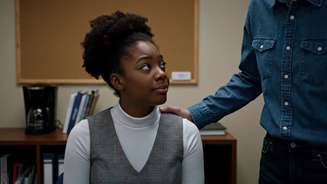A touching office scene featuring a supportive person comforting a concerned student dressed in white turtleneck and gray plaid dress. Books and bulletin board in the background.
