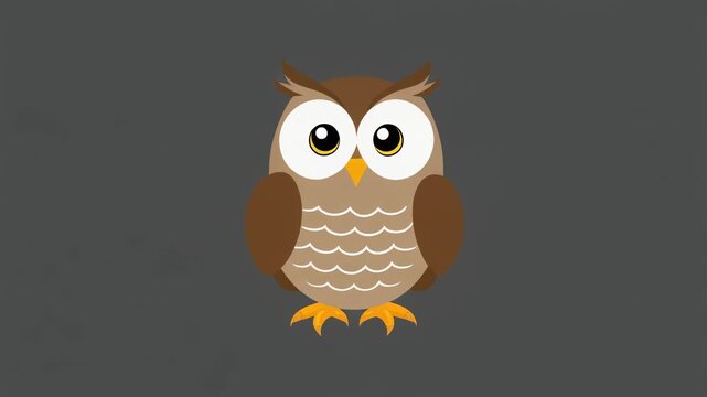 A cartoon owl with large eyes and brown feathers standing on gray background.