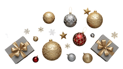 Decorative Christmas ornaments in festive metallic colors.