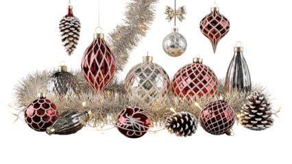 Festive Christmas Ornament Collection with Baubles and Pinecones.