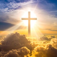A white cross silhouette shines in the sky above fluffy white clouds illuminated by bright golden sunlight rays