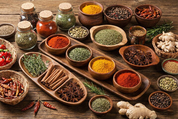 Various colorful spices and herbs in wooden bowls on rustic background top view