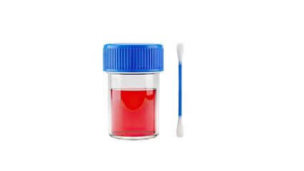 Medical test sample container with red liquid and swab on transparent background