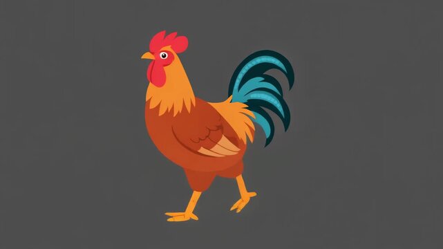 Colorful cartoon rooster illustration on gray background.