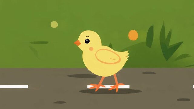 Adorable yellow chick walking on the road in a cartoon style.