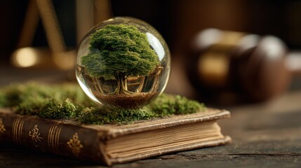 Conceptual image of a tree inside a glass ball on top of a book with law tools