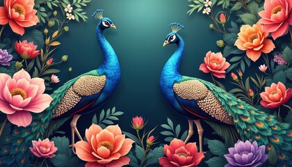 Obraz premium Two elegant peacocks stand amidst rich floral arrangements. Vibrant flowers in shades of pink, orange, and purple surround birds. Detailed feathers and ornate plumage highlight their majestic beauty.