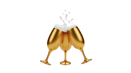 Golden champagne glasses clinking with white liquid splash on transparent background