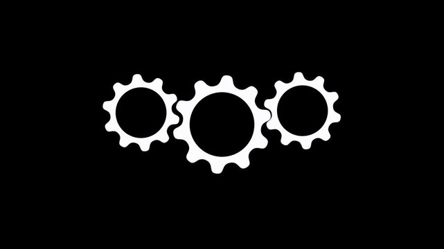Three white gears interlocking on black background cogwheels