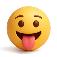 Fototapeta premium Playful yellow emoji face expressing silliness with tongue sticking out on white background, conveying lighthearted communication