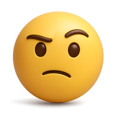 Fototapeta premium Contemplative yellow emoji with furrowed brow conveying skepticism or disapproval, isolated on white