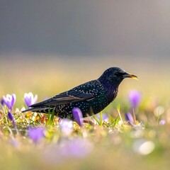 A starling stands amid vibrant crocus flowers in a sunny meadow, showing its iridescent feathers in full detail