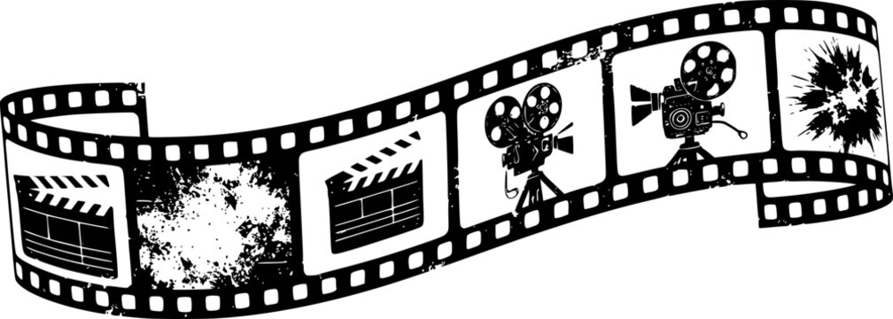 Film strip, long grunge filmstrip, old vintage movie reel frames, vector cinema video or photo tape. Grunge long film strip or movie camera negative roll with transparent background 
