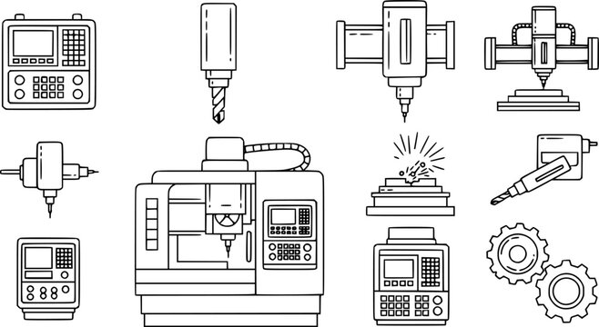Cnc machine icons set outline vector. Mill controller. Industrial tool
