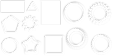 A collection of various white outlined geometric and decorative shapes, including rectangles, triangles, squares, pentagons, circles, stars, and intricate rings, against a clean white background.