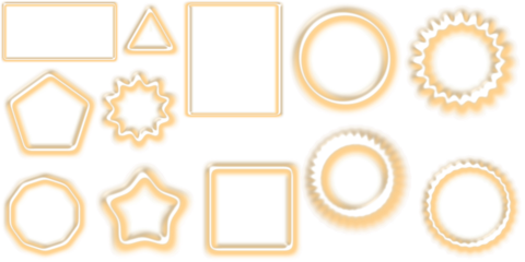 A collection of various golden outlined geometric shapes and frames with subtle shadows on a white background, including circles, squares, stars, and polygons.