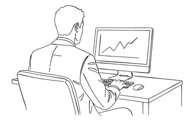 パソコン作業をするビジネスマンの後ろ姿の線画｜仕事と成果のイメージ