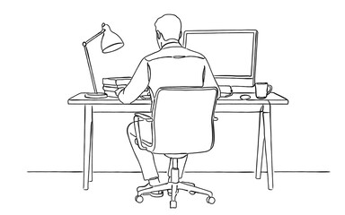 デスクで作業するビジネスマンの後ろ姿の線画｜仕事と日常のコンセプト