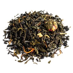 A pile of dark tea leaves, some golden strands, and a small tea blossom on a white background