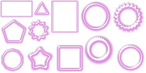 A collection of various glowing purple outlined geometric and decorative shapes including rectangles, triangles, squares, circles, pentagons, stars, and wavy patterns on a white background.