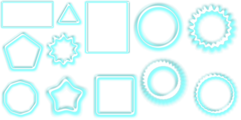 Collection of various outlined geometric and abstract shapes in bright cyan on a white background, including rectangles, triangles, squares, circles, stars, and wavy patterns.