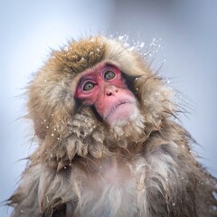 A macaque with wet fur and a pink face peers upwards against a blurred white background speckled with snow