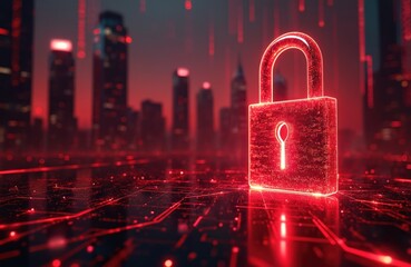 Digital padlock glows on circuit board with city skyline. Data streams fall like rain creating cyberspace effect. Secure tech concept visual.